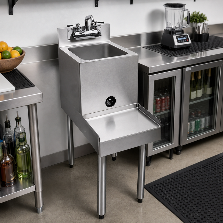 Product image #2 for CHOICE 14-Inch x 24-Inch Freestanding Stainless Steel Underbar Blender Station with Sink and Backsplash