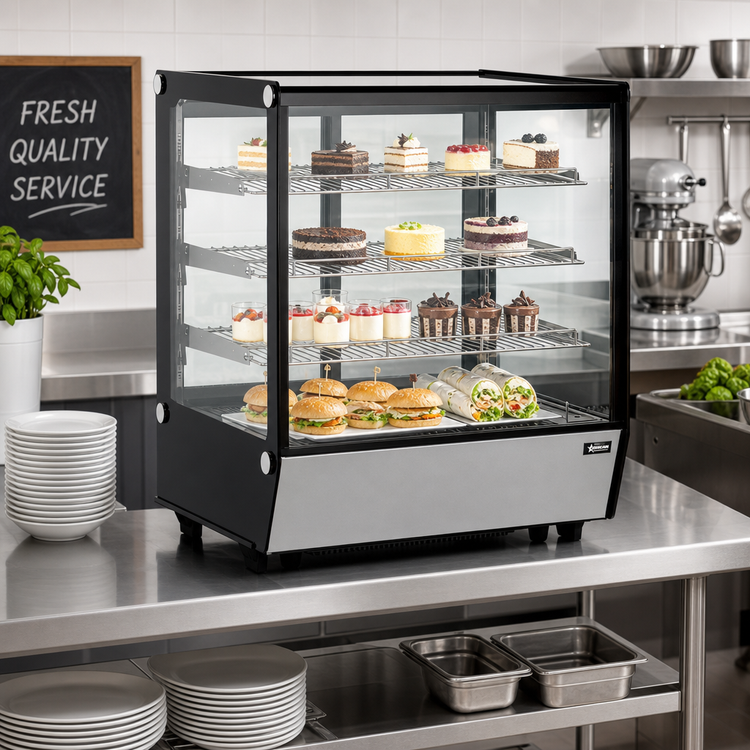 Product image #2 for Omcan 28-Inch Countertop Square Glass Refrigerated Display Case, 5.12 Cu. Ft., Bottom-Mounted Self-Contained