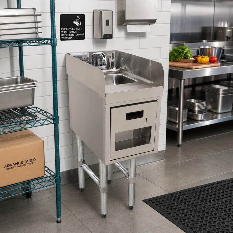 Product image #2 for Advance Tabco Underbar Basics Freestanding Stainless Steel Hand Sink with Soap/Towel Dispensers and Side Splashes, 12" x 21"