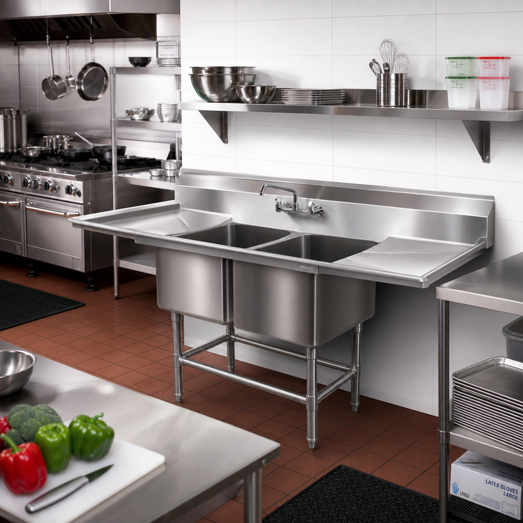 Product image #2 for Eagle Spec-Master FN Series Two-Compartment Coved Corner Sink with 24-Inch Right-Hand Drainboard, 69-1/2W x 27D