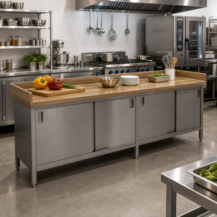 Product image #2 for John Boos 144-Inch x 30-Inch Wood Top Work Table with Cabinet Base, Sliding Doors, and 4-Inch Coved Riser