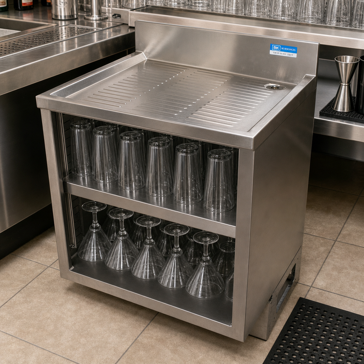 Product image #3 for BK Resources 48-Inch Stainless Steel Underbar Glass Rack Cabinet with Drainboard Top and Adjustable Shelf