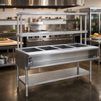Thumbnail image #2 for Eagle Group AWT4-NG-FM Natural Gas 4-Pan Water Bath Hot Food Table with Open Base, Undershelf and Overshelves