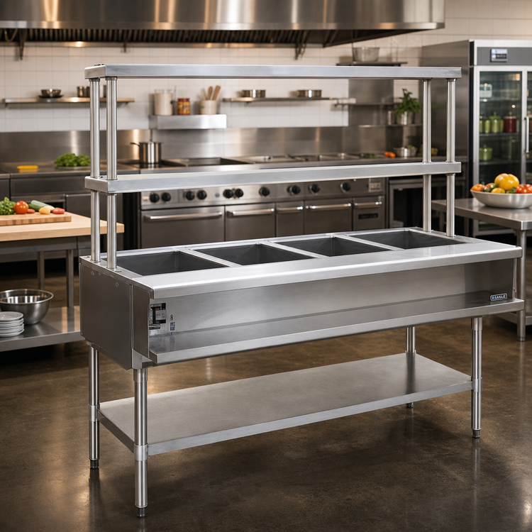 Product image #2 for Eagle Group 4-Opening Natural Gas Water Bath Hot Food Table with Open Base and Flex-Master Overshelves