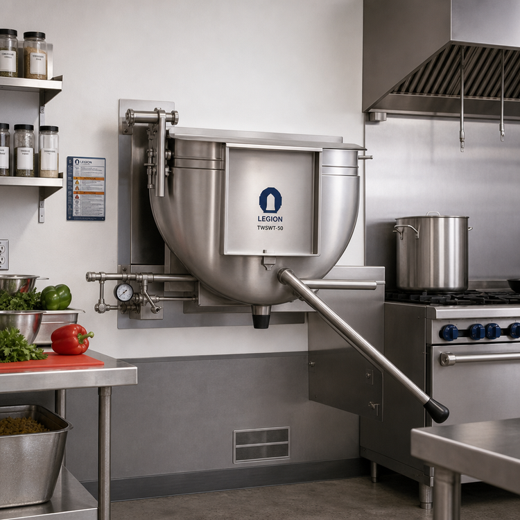 Product image #2 for Legion TWSWT-50 50-Gallon Full-Jacketed Direct Steam Wall-Mount Tilting Kettle