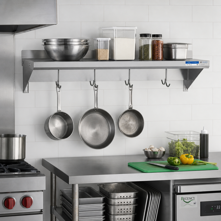 Product image #2 for BK Resources 72-Inch x 16-Inch Wall-Mount Economy 430 Stainless Steel Shelf with Pot Rack