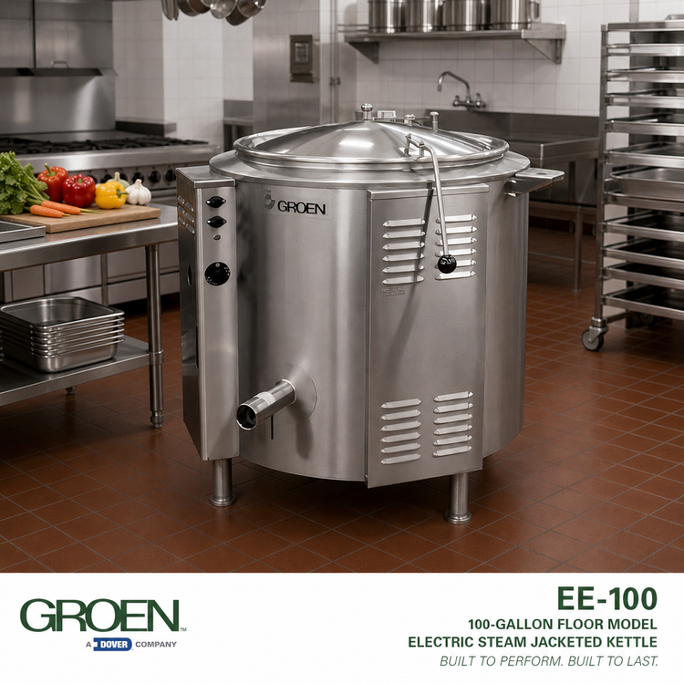 Product image #2 for Groen EE-100 100-Gallon Floor Model Electric Steam Jacketed Kettle with Tri-Leg Base