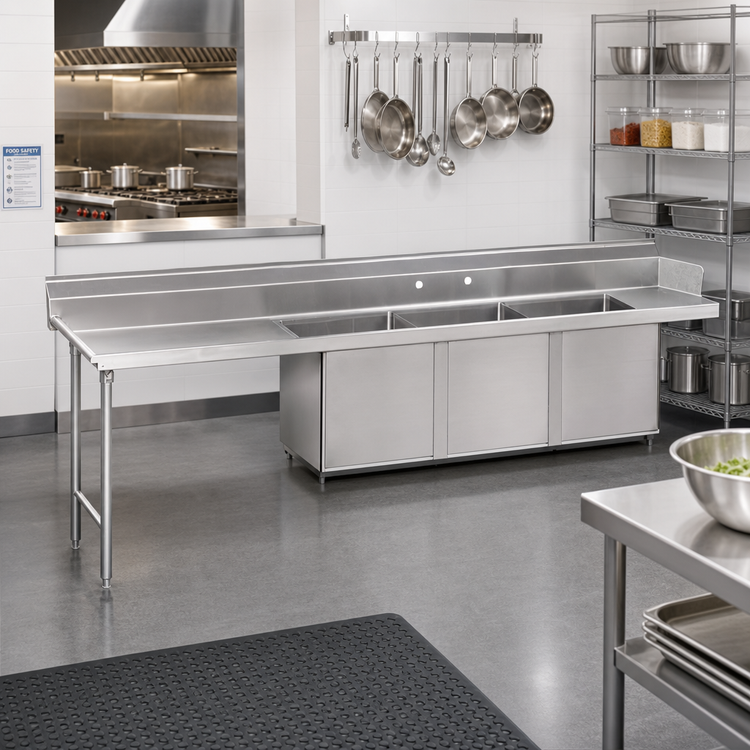 Product image #2 for Three-Compartment Stainless Steel Sink Table with Left Drainboard, 95-Inch W