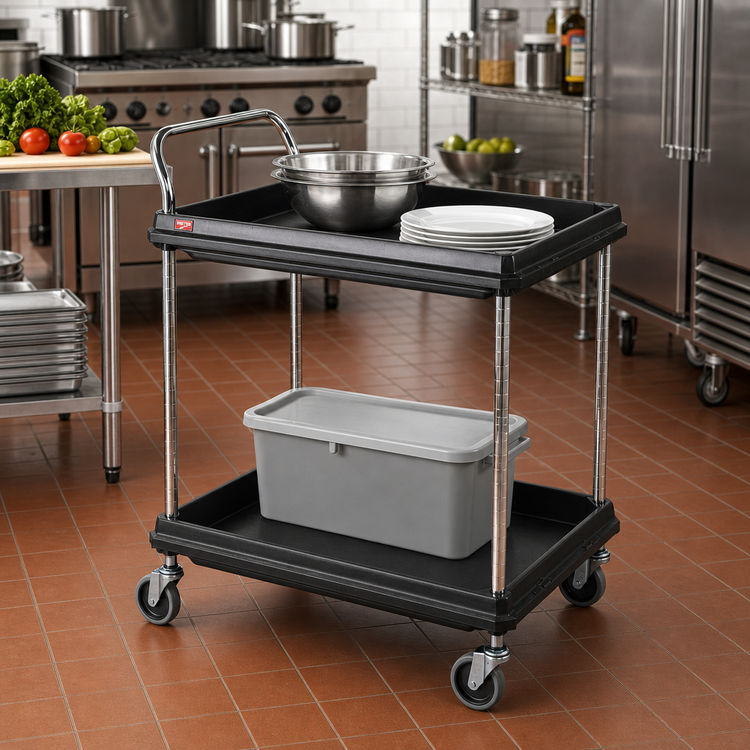 Product image #2 for Metro Deep Ledge 2-Tier Utility Bus Cart with Open Base, 38-3/4 x 27 x 41 Inches, Black