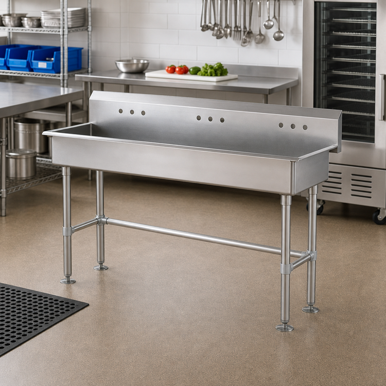 Product image #2 for Advance Tabco 60-Inch Multiwash Freestanding Multi-Station Hand Wash Sink with 8-1/2-Inch Backsplash and Three Faucet Hole Sets
