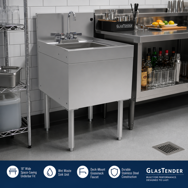 Product image #2 for Glastender 18-Inch Underbar Wet Waste Sink Unit with Deck-Mount Gooseneck Faucet