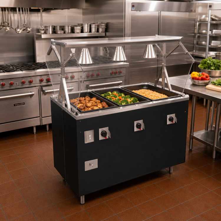 Product image #2 for Vollrath 2-Series 46-Inch 3-Well Portable Hot Food Station with Enclosed Base and Lighted Buffet Breath Guard, Black
