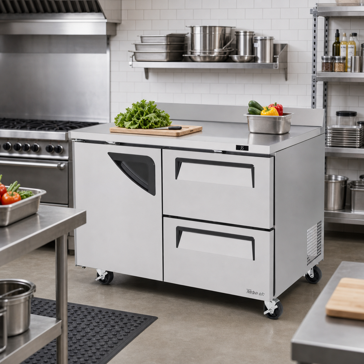 Product image #2 for Turbo Air Super Deluxe 48-Inch Worktop Refrigerator with 1 Door and 2 Drawers, 12 Cu. Ft., Stainless Steel, Self-Cleaning Condenser