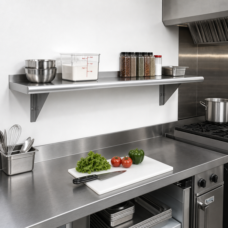 Product image #2 for Advance Tabco 84" x 12" Wall-Mounted 16-Gauge 304 Stainless Steel Shelf with Bullnose Front Edge