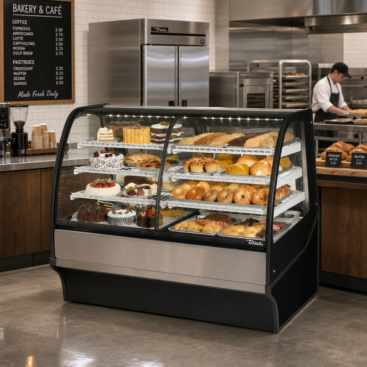 Product image #3 for True Full-Service Dual Zone Dry/Refrigerated Display Merchandiser, 59-1/4-Inch Wide, Curved Glass, Stainless Steel