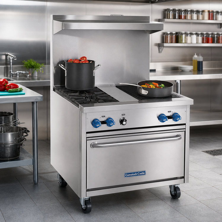 Product image #2 for Comstock-Castle 30-Inch Commercial Gas Range with 2 Open Burners, 18-Inch Char-Broiler, and 26.5-Inch Standard Oven