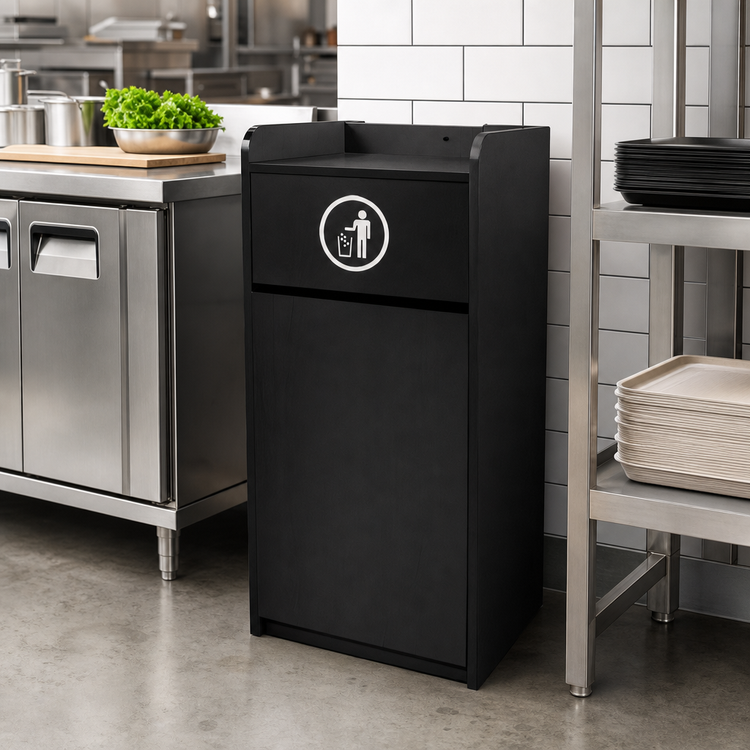 Product image #2 for Omcan 36-Gallon Cabinet-Style Trash Receptacle with Swing Door and Tray Holder, Black