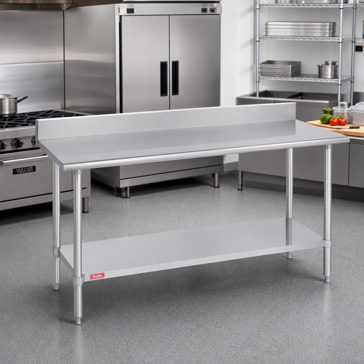 Product image #2 for Duke 60-Inch x 36-Inch 16-Gauge 400 Series Stainless Steel Work Table with 5-Inch Riser and Galvanized Undershelf