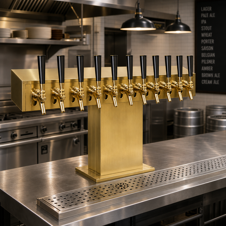 Product image #2 for Wide Base Tee Draft Beer Tower, 12 Faucets, Countertop, Glycol-Cooled, Tarnish-Free Brass Finish