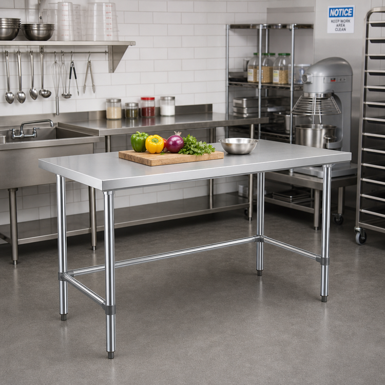 Product image #2 for Sapphire 60-Inch x 30-Inch 18-Gauge 430 Stainless Steel Flat Top Work Table with Open Base and Galvanized Legs