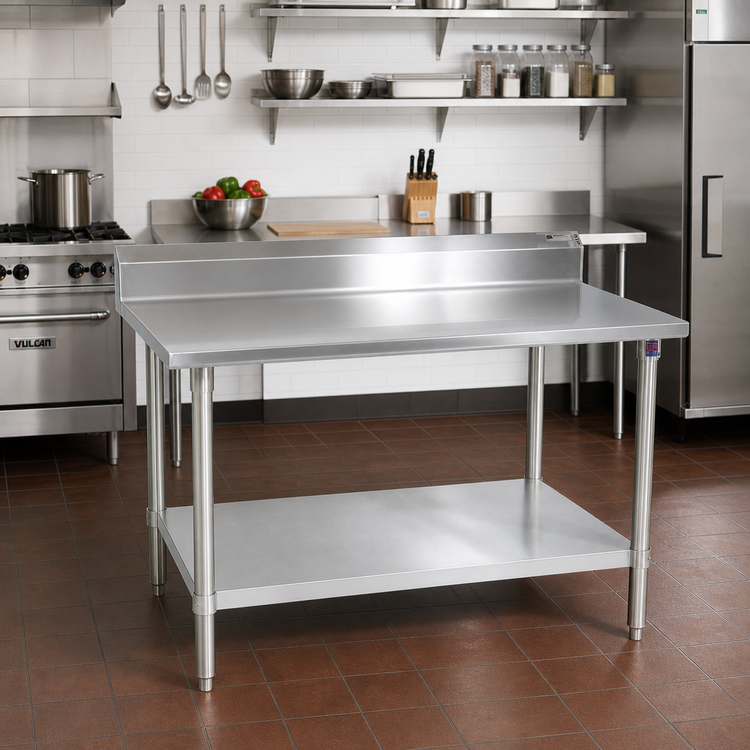 Product image #2 for John Boos Stallion 60 Inch x 30 Inch 14-Gauge 300 Series Stainless Steel Work Table with 5 Inch Backsplash, Stallion Safety Edge, and Galvanized Undershelf