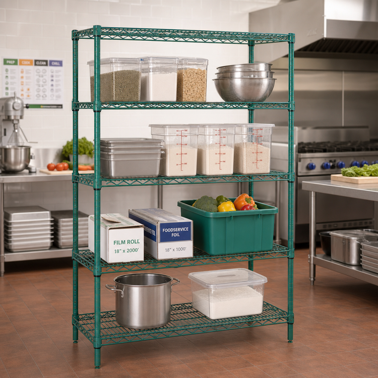 Product image #2 for Quantum 42" W x 30" D x 63" H Wire Shelving Starter Kit, 4-Shelf Stationary Unit, Green Epoxy Finish