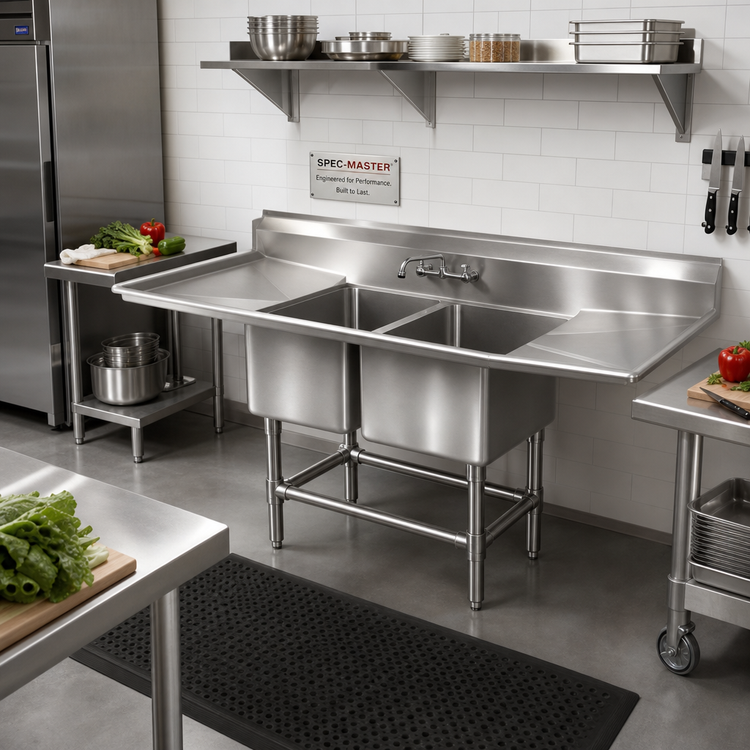 Product image #2 for Spec-Master Coved Corner Two-Compartment Stainless Steel Sink with 18-Inch Left Drainboard