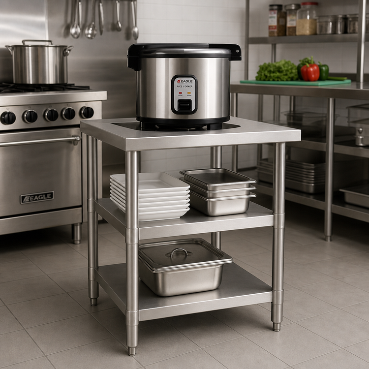 Product image #2 for Eagle Group 24 x 32 Inch Rice Cooker Equipment Stand with Cutout, Stainless Steel, 2 Adjustable Undershelves