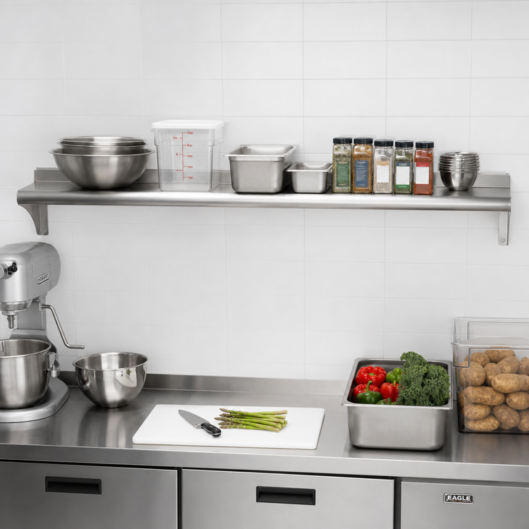 Product image #2 for Eagle Group 108 Inch x 12 Inch Wall-Mounted Stainless Steel Shelf with Mounting Brackets, 14 Gauge Type 304