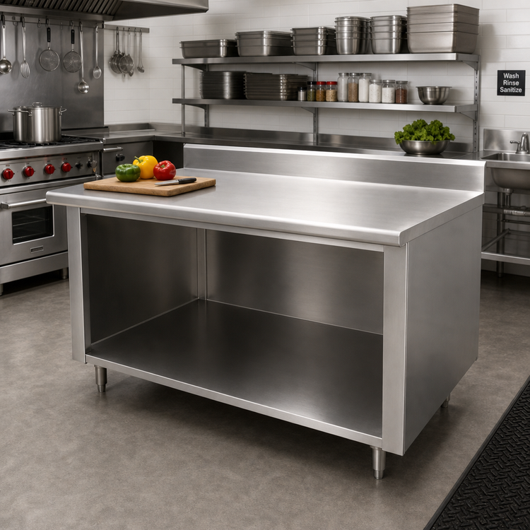 Product image #2 for Advance Tabco EK-SS-366 72" x 36" Stainless Steel Work Table with Open Front Cabinet Base and 5" Backsplash