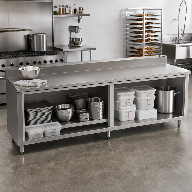 Product image #2 for John Boos 132-Inch W x 36-Inch D Stainless Steel Work Table with Open Front Cabinet Base and 5-Inch Backsplash