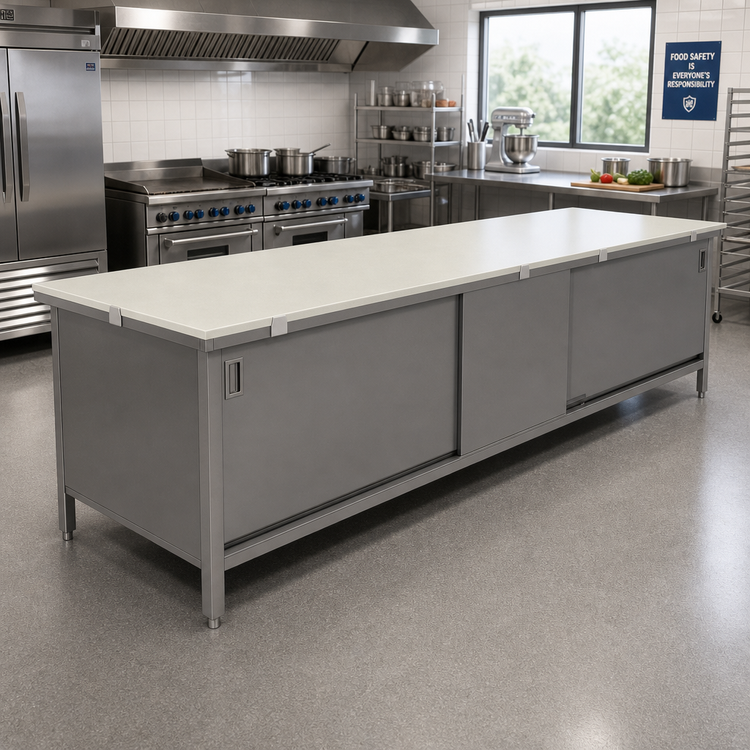 Product image #2 for 132" x 30" Poly Top Enclosed Base Work Table with Sliding Doors and Stainless Steel Base