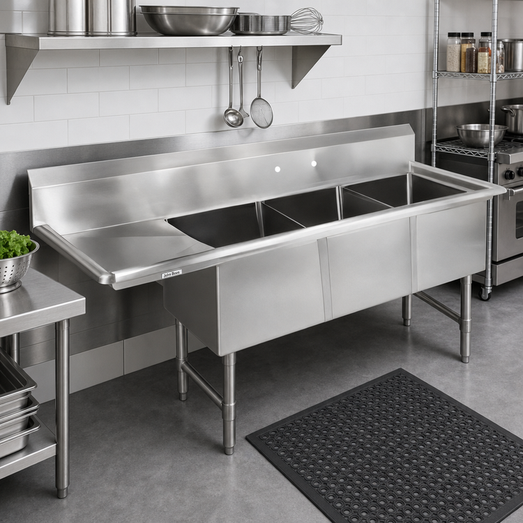 Product image #2 for John Boos B-Series 3-Compartment Freestanding Sink with Left Drainboard, 70-3/16 Inch Wide, Stainless Steel