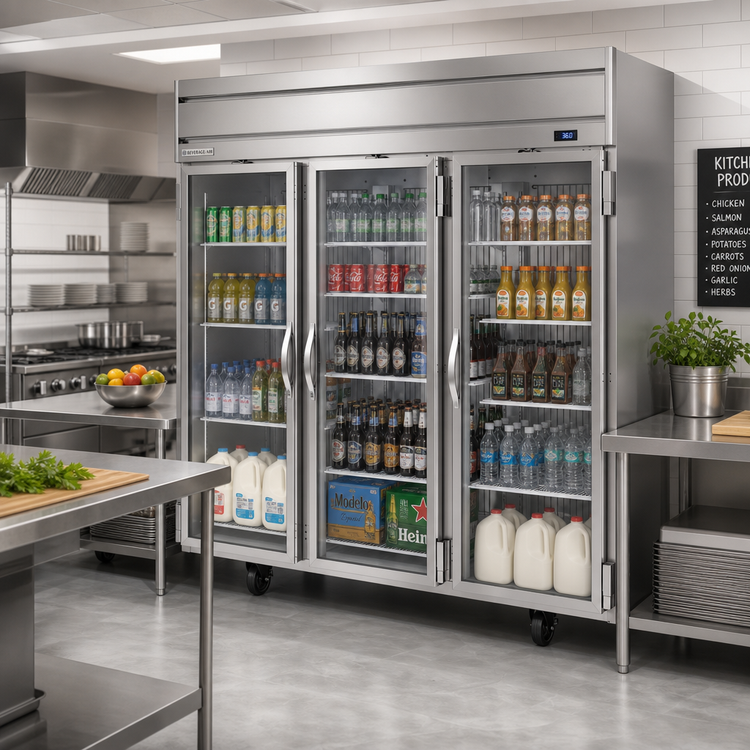 Product image #2 for Beverage-Air Horizon Series Three-Section Reach-In Refrigerator with Glass Doors, 71.52 Cu. Ft., Top-Mounted Self-Contained Refrigeration