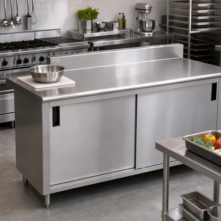 Product image #2 for Advance Tabco 84-Inch x 24-Inch Enclosed Work Table with 14-Gauge 304 Stainless Steel Top, Cabinet Base, Sliding Doors, and 5-Inch Backsplash