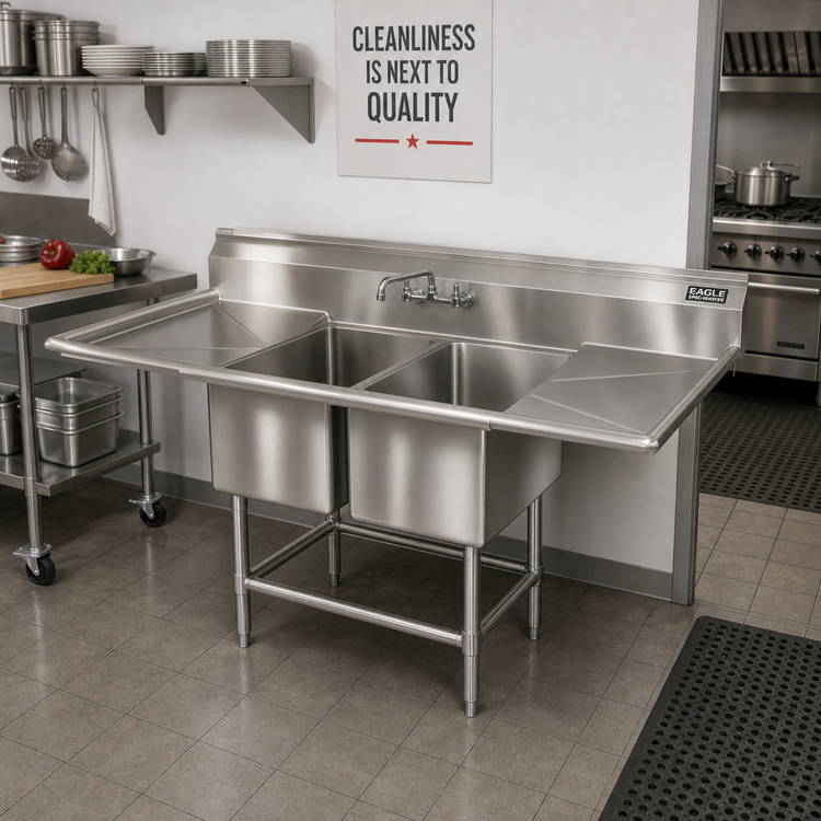 Product image #2 for Eagle Spec-Master FN Series Two-Compartment Sink with Left-Hand Drainboard, 14-Gauge 304 Stainless Steel