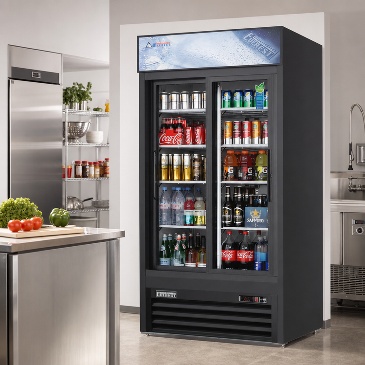 Product image #2 for Everest Refrigeration Two-Section Reach-In Glass Door Merchandiser Refrigerator, 33 Cu. Ft., Sliding Doors