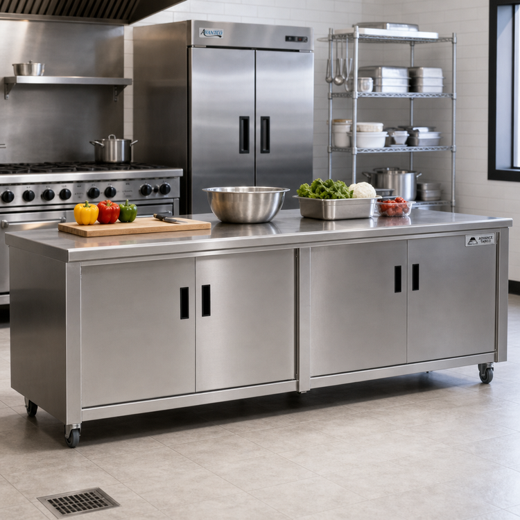 Product image #2 for Advance Tabco HB-SS-3010M Enclosed Work Table with Cabinet Base, Mid-Shelf, and Hinged Doors