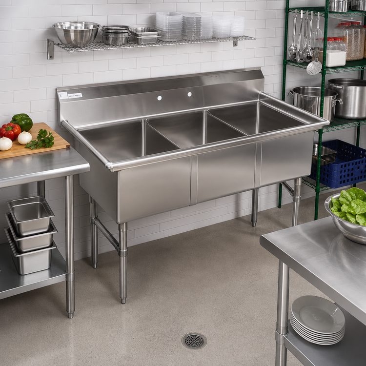 Product image #2 for Klinger's Trading Economy Freestanding 3-Compartment Stainless Steel Sink with 9-Inch Backsplash, 57 x 25-1/2 x 41 Inches