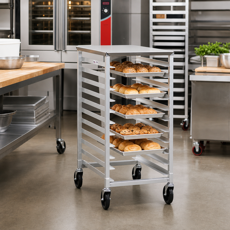 Product image #2 for New Age Mobile Half-Size Aluminum Bun Pan Rack with Stainless Steel Top, 10-Pan Capacity