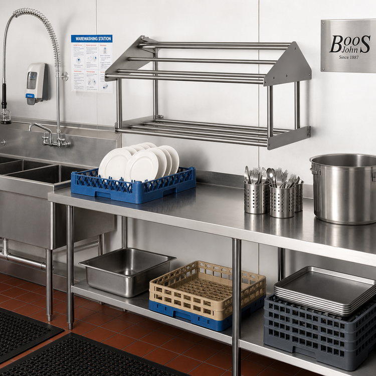 Product image #2 for John Boos Double-Sided Tubular Stainless Steel Sorting Shelf for Soiled Dish Tables, 60 x 30-1/2 Inch, Table/Wall Mounted