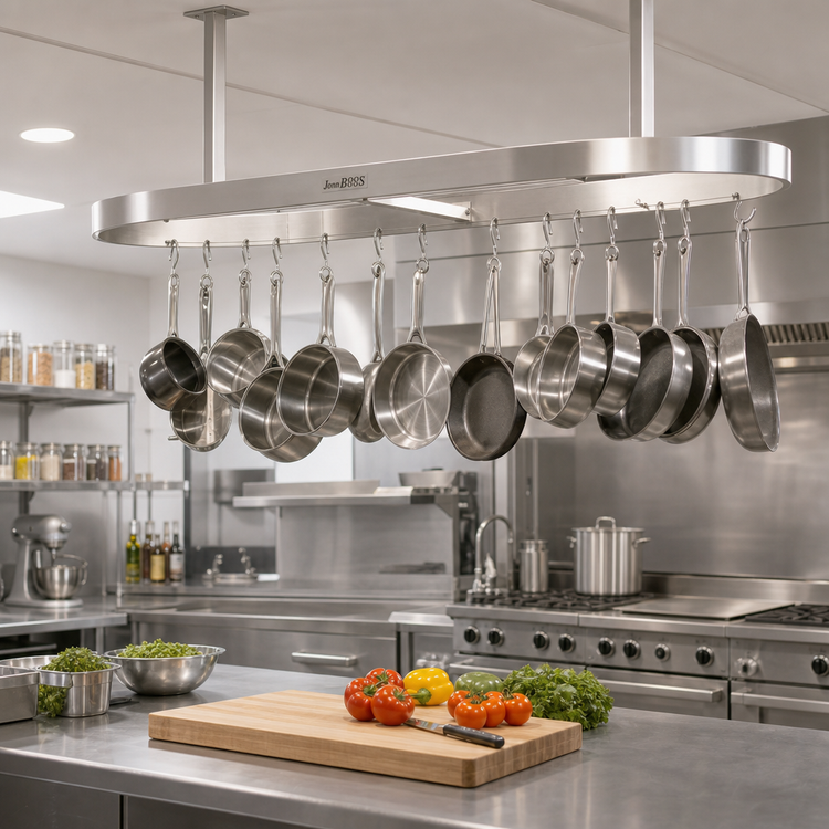 Product image #2 for John Boos PRB03-C Boat-Shaped Ceiling-Mounted Stainless Steel Pot Rack with 18 Double Hooks