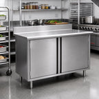 Thumbnail image #2 for Eagle Group Spec-Master CBH2496SE-BS 96 in. x 24 in. Stainless Steel Enclosed Work Table, 14-Gauge Top, 4 Hinged Doors, 4-1/2 in. Backsplash