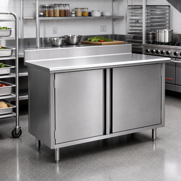 Product image #2 for Eagle Spec-Master 96 in. x 24 in. Stainless Steel Enclosed Work Table with Hinged Doors and 4-1/2 in. Backsplash