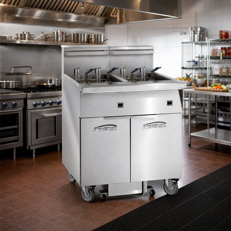 Product image #2 for Imperial 5-Battery Electric Floor Fryer with Built-In Space Saver Filter System, 50 lb. Tanks