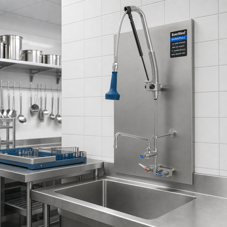 Product image #3 for EverSteel DuraPull Wall-Mount Workboard Pre-Rinse Unit with Add-On Faucet, 12-Inch Swing Nozzle, and 1.07 GPM Sprayer