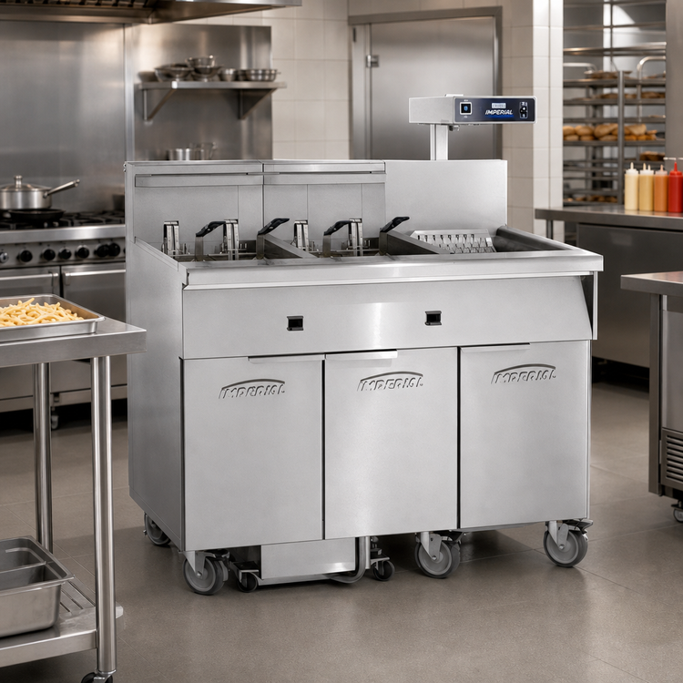 Product image #2 for Imperial Electric 2-Battery Floor Fryer with Dual 50 lb. Tanks, Built-In Filter System, and Computer Controls