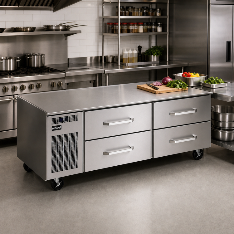 Product image #2 for Randell 82-Inch Two-Section Self-Contained Refrigerated Chef Base Equipment Stand with 4 Drawers, Left-Side Compressor
