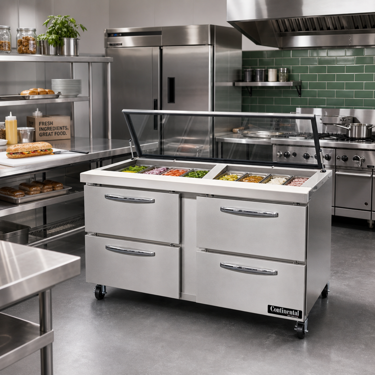 Product image #2 for Continental Refrigerator Mighty Top 60" Two-Section Sandwich Prep Table with Hinged Glass Lid