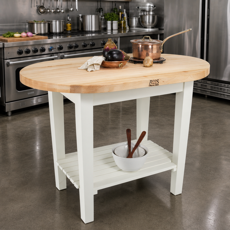 Product image #2 for John Boos Boos Block 60 Inch x 30 Inch x 35 Inch Elliptical C-Table Island Work Table with 1-1/2 Inch Maple Butcher Block Top and Slatted Undershelf